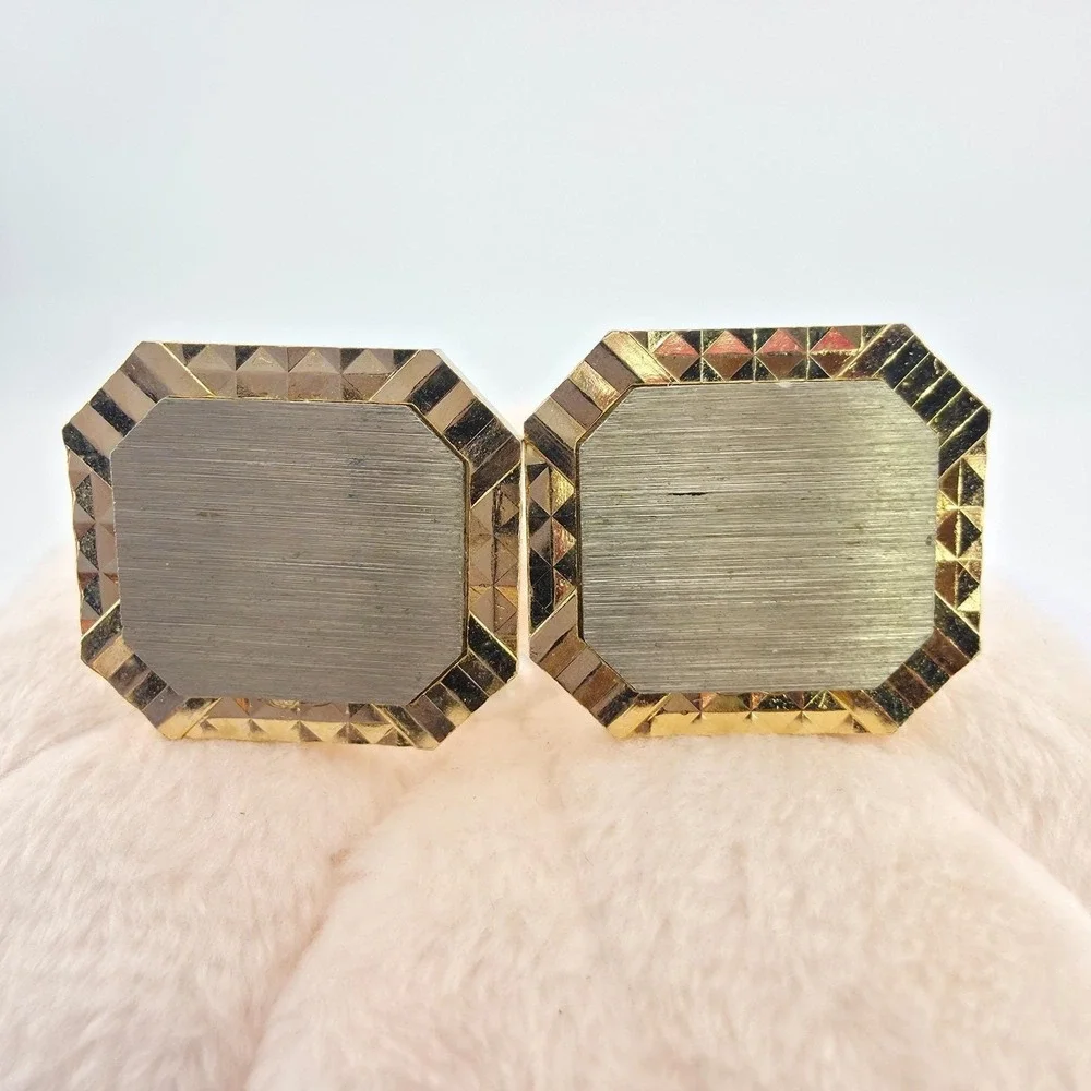 Vintage SWANK Tie Tack Clip Cufflink Set Diamond Cut Border Silver Gold Tone